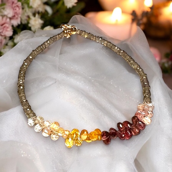 Natural Green , Plum and Yellow Sapphire Bracelet Handmade Solid 14K Yellow Gold - Picture 8 of 11